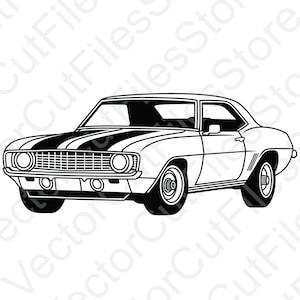 May include: A black and white line drawing of a classic American muscle car. The car has a long hood, a black stripe across the hood, and a black grille.