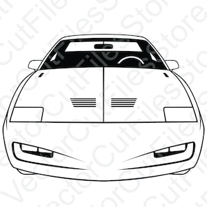 May include: Black and white line art illustration of a classic sports car, viewed from the front. The car features rectangular headlights, a low profile, and a distinctive hood design with horizontal vents. The steering wheel is visible.