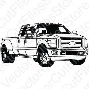 May include: A black and white line drawing of a pick-up truck. The truck has a large grille with a Ford logo. The truck has a long bed and a cab with four doors.