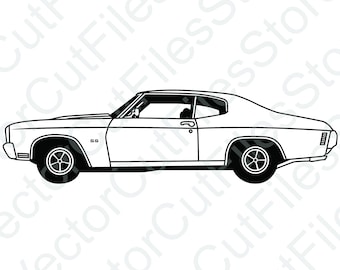 May include: A black and white line drawing of a classic American muscle car, a Chevrolet Chevelle SS, viewed from the side. The car has a long hood, a rounded roofline, and a distinctive rear end.