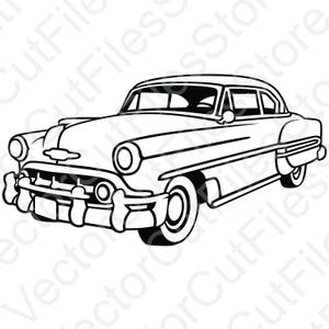 Könnte beinhalten: Schwarz-Weiß-Linienzeichnung eines klassischen Oldtimers. Das Auto hat abgerundete Scheinwerfer, eine markante Frontstoßstange und eine geschwungene Dachlinie. Das Design hat eine Retro-Ästhetik, ideal für Autoliebhaber.
