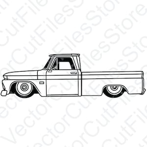 May include: A black and white line drawing of a classic pickup truck with a single cab and a long bed. The truck has a large windshield and a simple grille. The truck is sitting on large wheels with whitewall tires.