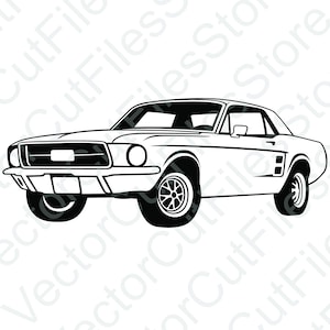 Puede incluir: Ilustración en blanco y negro de línea de un coche americano clásico de músculo. El coche tiene un capó largo, una línea de techo redondeada y una parrilla distintiva.