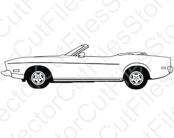 May include: A black and white line drawing of a classic convertible car. The car is viewed from the side and has a long hood and a short trunk.