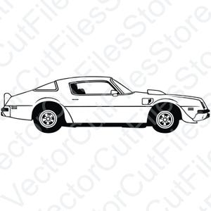 May include: A black and white line drawing of a classic car, a side profile view of a 1970s era sports car.