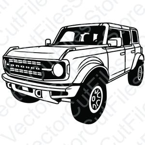 Puede incluir: Un dibujo en blanco y negro de un SUV Ford Bronco. El vehículo tiene una parrilla negra con la palabra "Bronco" escrita en letras blancas. El vehículo tiene cuatro ruedas y una rueda de repuesto en la parte trasera.