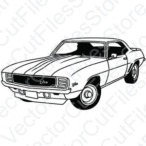 May include: Black and white line drawing of a classic American muscle car. The car has a long hood, a blacked-out grille, and a prominent 'Z/28' emblem.