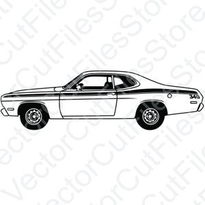 May include: A black and white line drawing of a classic car, a 1970s Dodge Dart, with the number 340 on the back.