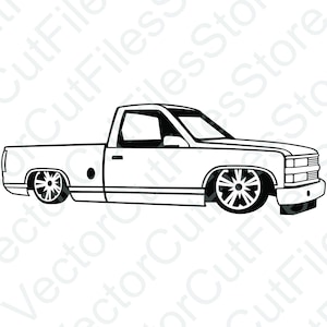 Puede incluir: Un dibujo en blanco y negro de una camioneta pick-up con una sola cabina y una caja larga. La camioneta tiene ruedas grandes y un diseño simple.
