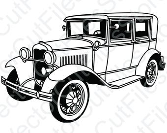 May include: A black and white line drawing of a vintage car. The car has a rounded body style with a long hood and a rounded roof. The car has four doors and a spare tire on the back.