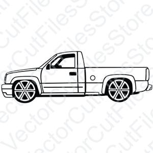 May include: Black and white line art illustration of a lowered pickup truck. The truck features custom wheels, a single cab, and a lowered suspension. The design is a vector graphic, suitable for various applications.