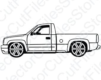 May include: Black and white line art illustration of a lowered pickup truck. The truck features custom wheels, a single cab, and a lowered suspension. The design is a vector graphic, suitable for various applications.