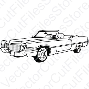 May include: Black and white line art illustration of a classic convertible car. The car features a detailed front grille, headlights, and a low profile. The top is down, revealing the interior.