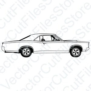 May include: A black and white line drawing of a classic American muscle car. The car is a coupe with a long hood and a short rear deck. The car has a distinctive profile with a low roofline and a wide stance.
