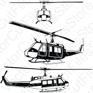 以下が含まれることがあります： 3つの異なる視点から見たヘリコプターの白黒ベクターイラスト。側面図、正面図、俯瞰図が含まれます。ヘリコプターは、窓やローターブレードが見える詳細なデザインです。