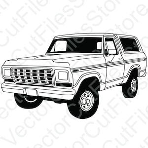 May include: A black and white line drawing of a vintage Ford Bronco SUV. The vehicle has a black grille, a black bumper, and black wheels.