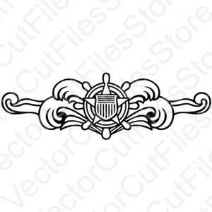 May include: A black and white illustration of a ship's wheel with a star and stripes shield inside a circle. The wheel is surrounded by stylized waves.