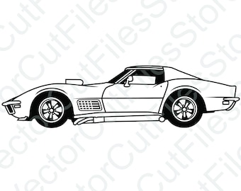 May include: A black and white line drawing of a classic Corvette sports car. The car is viewed from the side and has a long hood, a rounded roof, and a short rear deck.