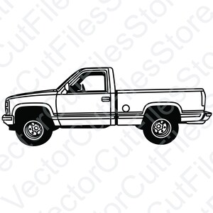 May include: A black and white line drawing of a pick-up truck. The truck has a single cab and a long bed. The truck is facing to the right.
