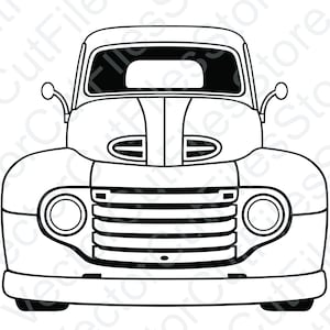 Puede incluir: Dibujo en blanco y negro de una camioneta vintage. La camioneta tiene un capó grande y redondeado con una parrilla y faros prominentes. La camioneta está de frente.
