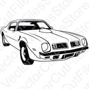 May include: A black and white line drawing of a classic muscle car. The car has a long hood, a rounded front end, and a distinctive grille with rectangular headlights.