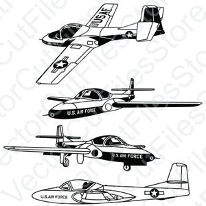 May include: Black and white line art illustration of four different types of military aircraft. The aircraft are all facing the right side of the image. The top aircraft has the text "USAF" on the side. The bottom aircraft has the text "U.S. AIR FORCE" on the side.