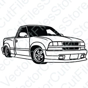 Puede incluir: Un dibujo en blanco y negro de una camioneta pick-up. La camioneta tiene una parrilla grande con barras horizontales y un parachoques delantero redondeado. La camioneta está de frente y las ruedas son visibles.