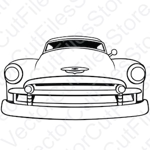 May include: Black and white line drawing of a vintage car, showing the front of the vehicle. The car has a rounded hood, a large chrome grille, and round headlights.
