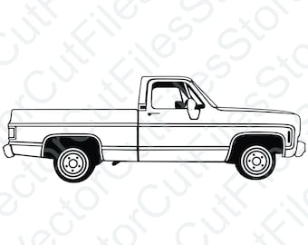 Puede incluir: Un dibujo en blanco y negro de una camioneta pick-up. La camioneta se ve de lado y tiene una caja larga.