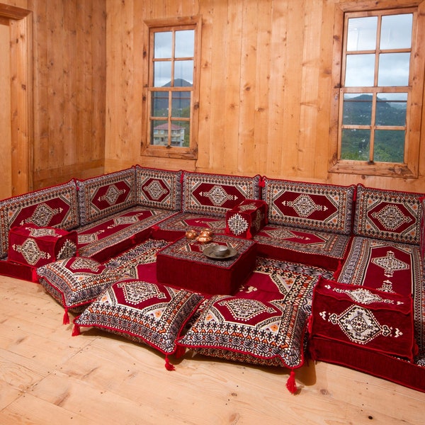 Arabic Sofa Set, Floor Cushion Set, Ethnic Pillow, Moroccan Loveseat, Red Pillow Sofa, Sectional Sofa, Arabic Majlis, Floor Sofa Set