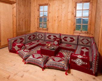 Arabic Sofa Set, Floor Cushion Set, Ethnic Pillow, Moroccan Loveseat, Red Pillow Sofa, Sectional Sofa, Arabic Majlis, Floor Sofa Set