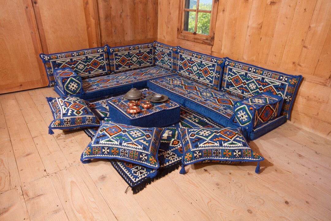 L Shaped Arabic Majlis Jalsa, Traditional Floor Seating Couch, Blue