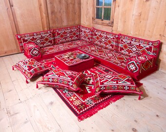 Custom Arabic Cushion, L Shaped Bench Cushion, Traditional Sofa Set, Red Floor Cushion, Veranda Couches, Patterned Loveseat, Livingroom Sofa