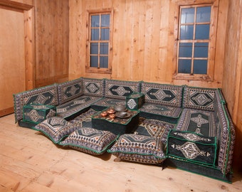 Arabic Floor Seating Set, Green Arabic Sofas, Ethnic Loveseats, Traditional Couch Set, Arabic Majlis, Sectional Sofa, Bench Cushion Set