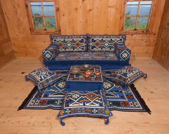 Blue Arabic Couch, Ethnic Anatolian Floor Seating, Ottoman Couch and Rug, Balcony Sofas, Sectional Cushion, Ethnic Floor Sofa, Arabic Majlis