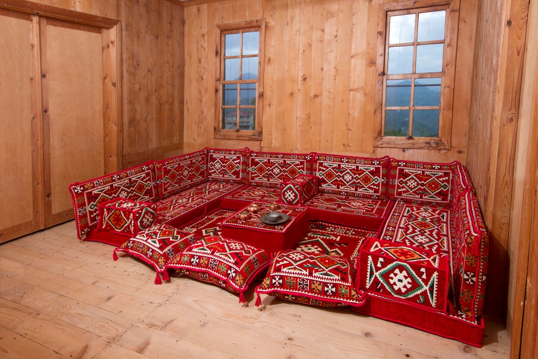 Arabic Couch Set, U Shaped Loveseat, Traditional Cushions, Patio Sofa