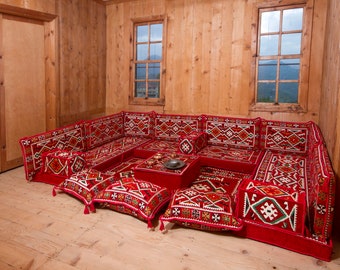 Arabic Couch Set, U Shaped Loveseat, Traditional Cushions, Patio Sofa Set, Moroccan Floor Pillow, Ottoman Couch, Arabic Majlis Lounge