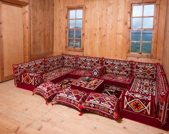 Indoor Couch Set, U Shaped Floor Cushion, Arabic Majlis, Red Seating Sofa, Indoor Benches, Floor Seating Pillows, Ethnic Sofa Cushion