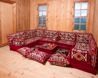 8'' Arabic Sofa, U Shaped Couches, Traditional Pillow Set, Oriental Bench Cushion, Moroccan Sofa Set, Sectional Bench Cushion, Red Diwan Set