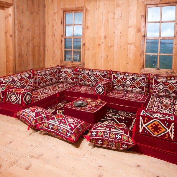 8'' Arabic Sofa, U Shaped Couches, Traditional Pillow Set, Oriental Bench Cushion, Moroccan Sofa Set, Sectional Bench Cushion, Red Diwan Set