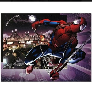 May include: A comic book illustration of Spider-Man swinging through a city at night. The artwork is in a realistic style with detailed shading and a dark colour palette. The image is a piece of comic book history from original art by Mark Bagley.