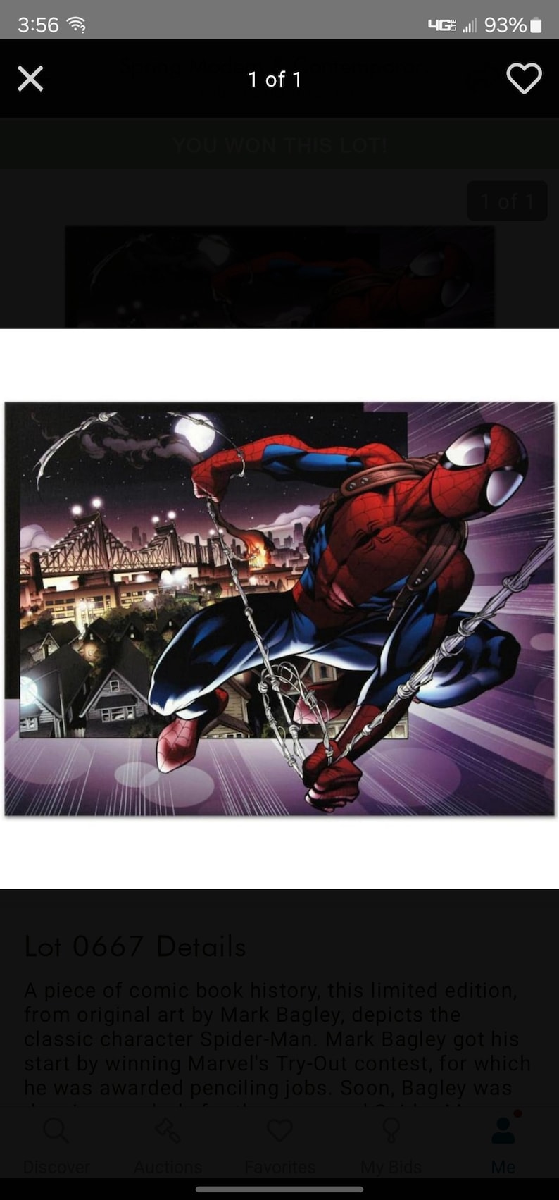May include: A comic book illustration of Spider-Man swinging through a city at night. The artwork is in a realistic style with detailed shading and a dark colour palette. The image is a piece of comic book history from original art by Mark Bagley.