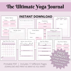 Peut inclure: Journal de yoga imprimable avec 17 pages, comprenant un emploi du temps des cours, un journal de gratitude quotidien et un suivi de la méditation. Le journal est conçu avec un schéma de couleurs rose et blanc et comprend une feuille de coloriage de suivi des habitudes de mandala gratuite de 12 pages.