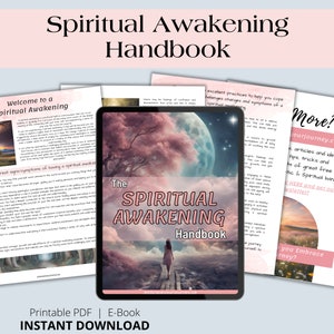 Op de afbeelding: Een digitale download voor een gids over spiritueel ontwaken. De omslag toont een vrouw die op een pad naar een volle maan in een roze en paarse lucht loopt. De titel "The Spiritual Awakening Handbook" wordt weergegeven in witte tekst op een zwarte achtergrond.