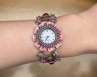 Vintage bloemrijk zilverkleurig quartz horloge