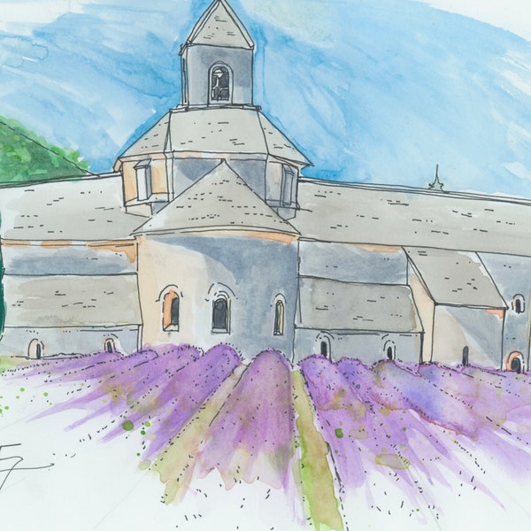 Peinture originale à l’aquarelle de l’abbaye de Sénanque en Provence dans le sud de la France