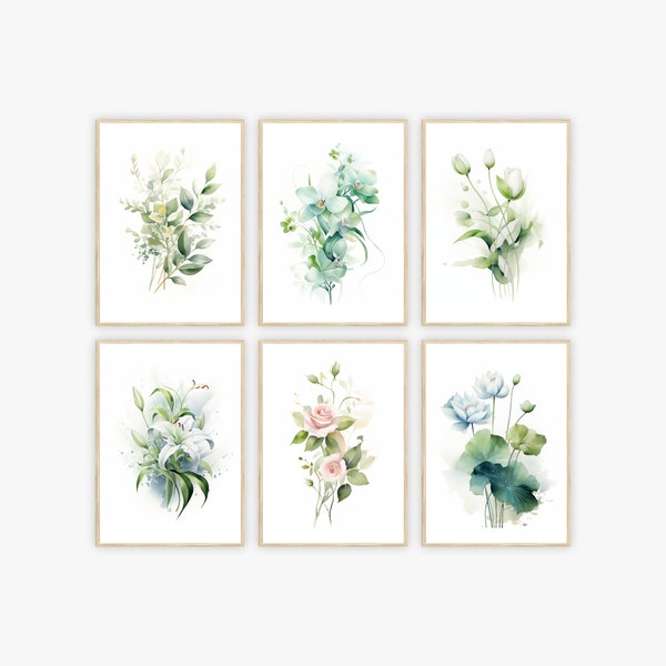 Set of 6 Watercolor Greenery Bouquet Wall Art, Set of 6 Prints, Watercolor Painting, Digital Prints, 6 Piece Wall Art, Botanical Art Print