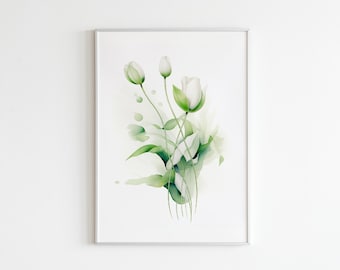 Watercolor Greenery Tulip Bouquet Wall Art, Botanical Art Print, Botanical Print, Botanical Wall Art, Floral Wall Art, Sage Green