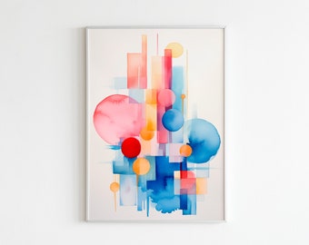 Modern Minimalist Abstract Blue Shapes Watercolor Printable Wall Art, AI Generated Poster, Printable Art, Digital Print, Watercolor Painting