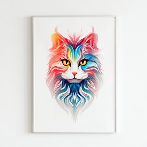 Abstract Cat AI Digital Art Print, White Background Printable Wall Art, Cat Poster Wall Decor, Colorful Modern Home Decor, Instant Download